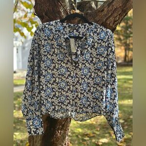 NWT- J Crew Navy and White Floral Blouse- medium